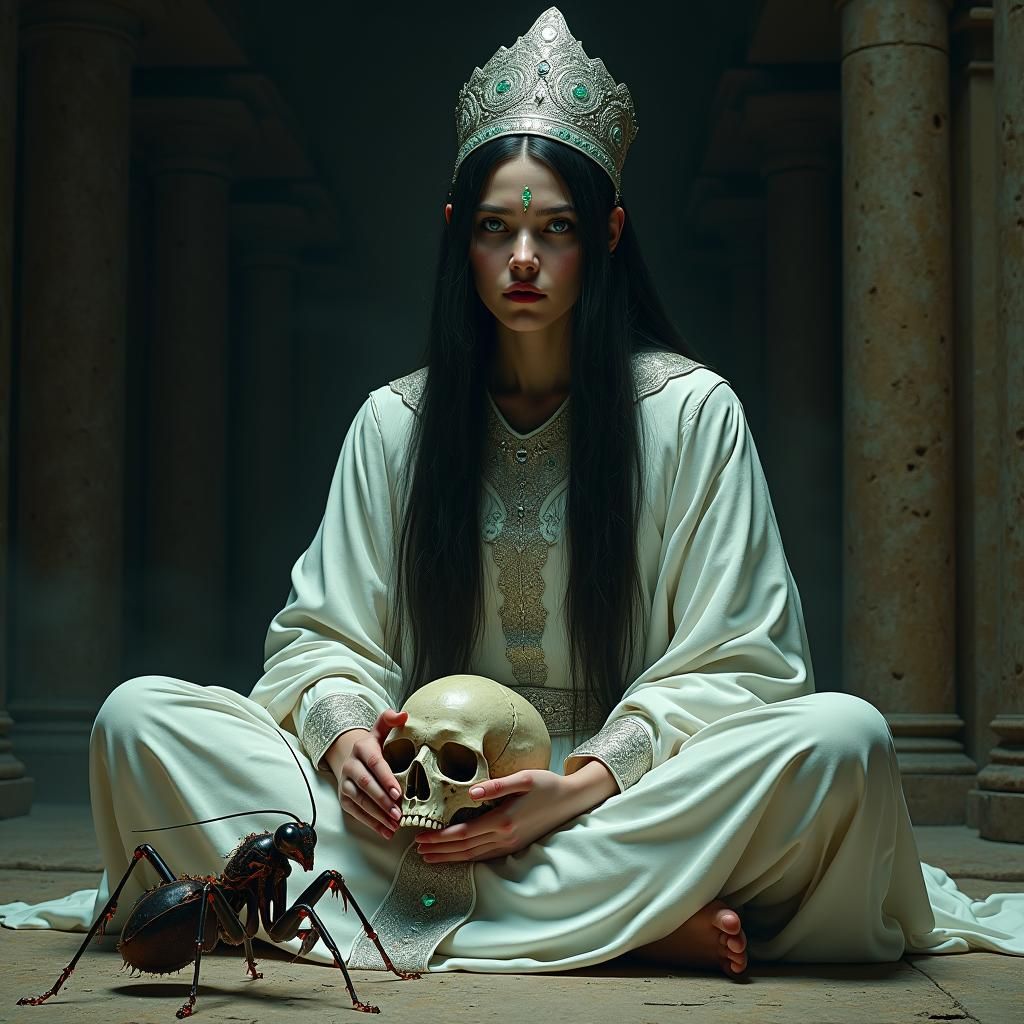 Priestess with Skull and Ant in Dark Chamber