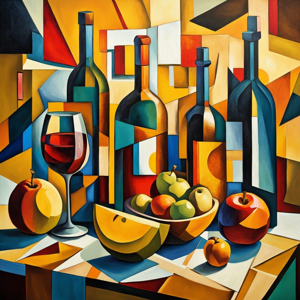 Cubist Still Life with Wine and Fruit