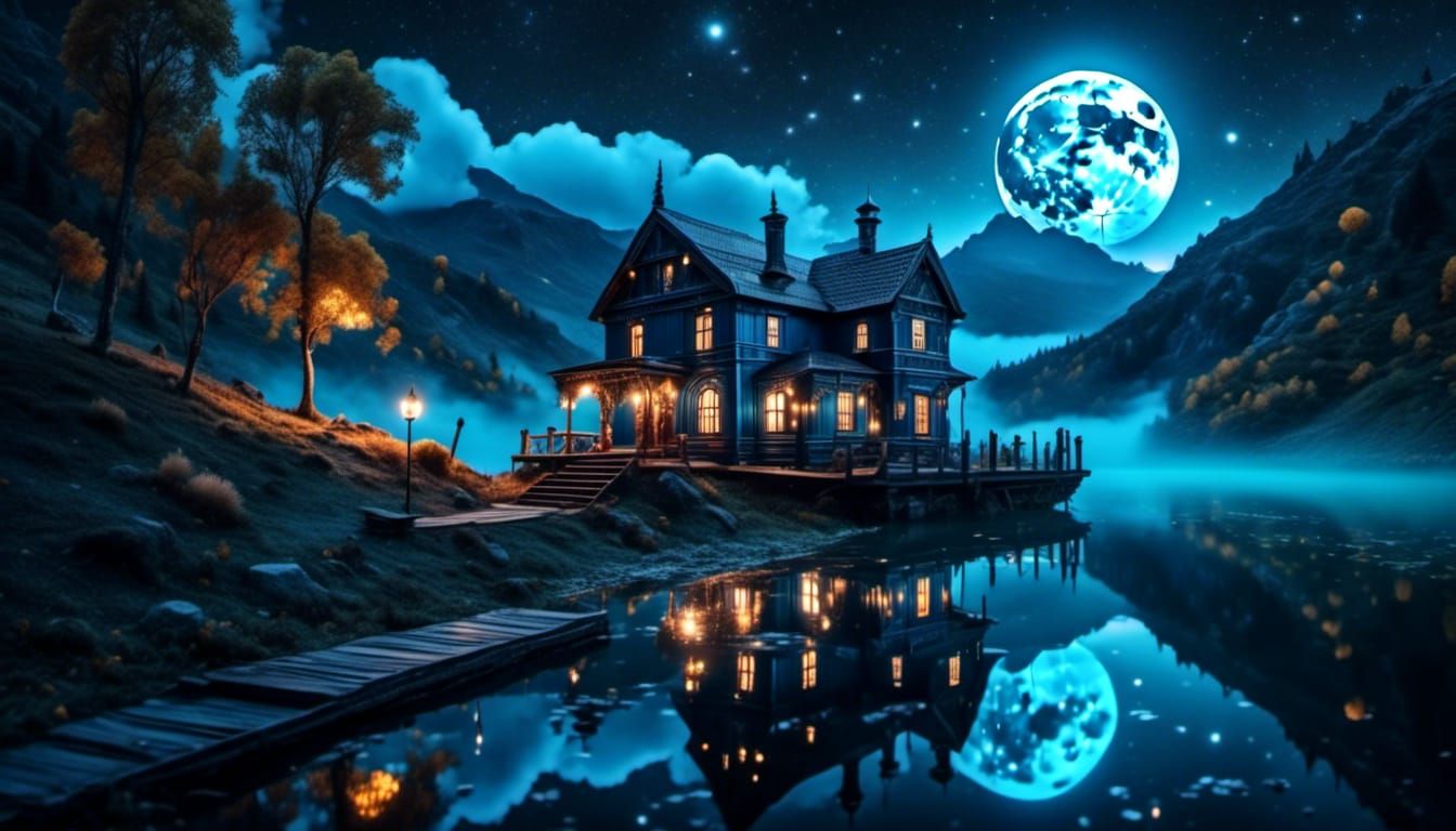 Victorian House by River Under Harvest Moon