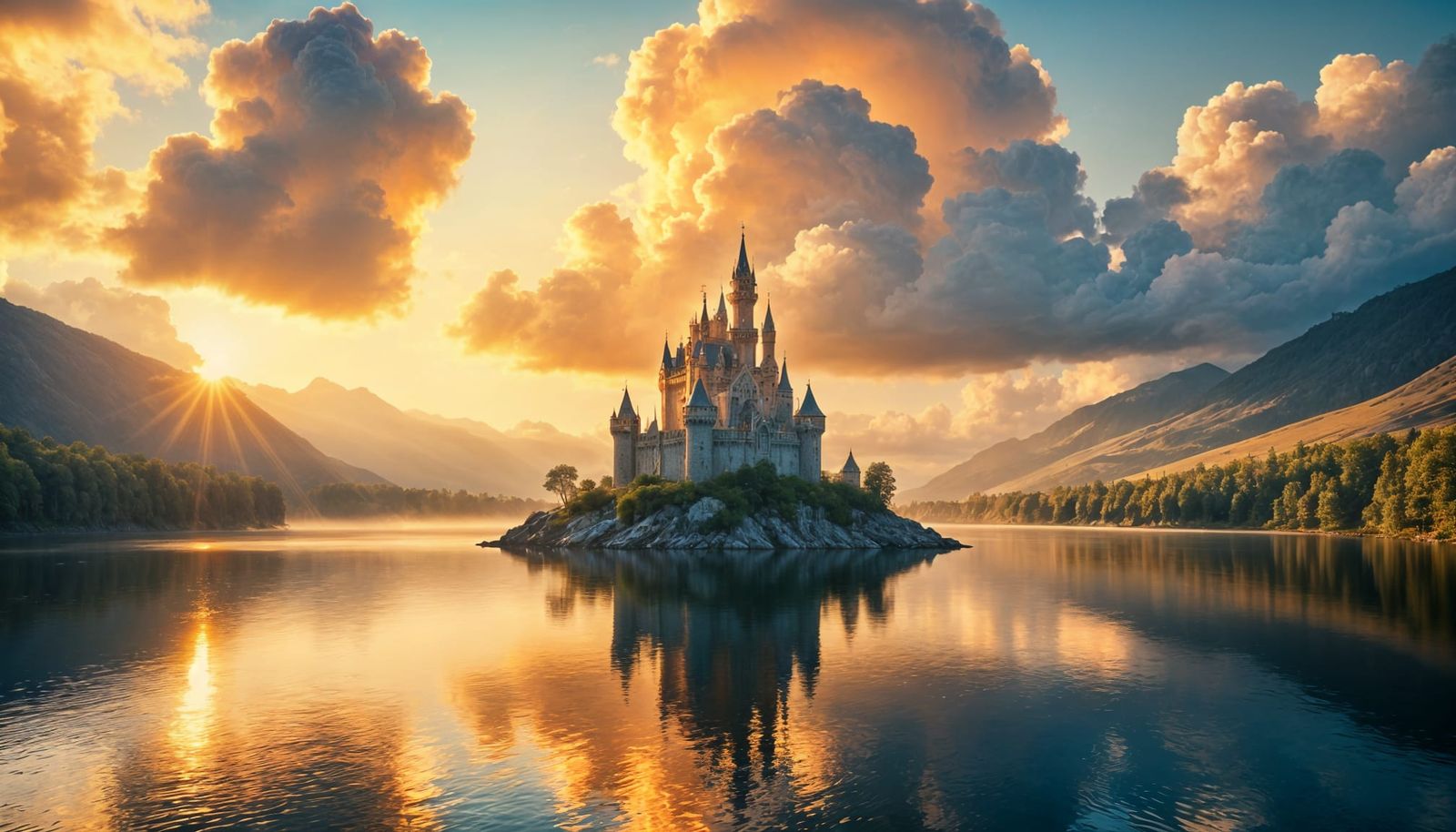 Fantasy Castle on Island at Dawn: Filmic Photography
