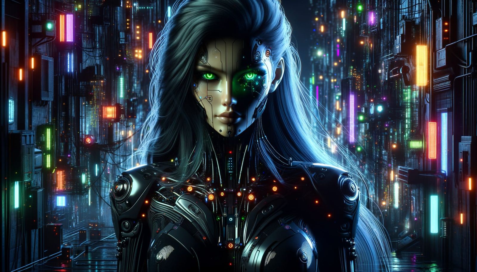 Cyberpunk Cyborg Woman in Neon Cityscape