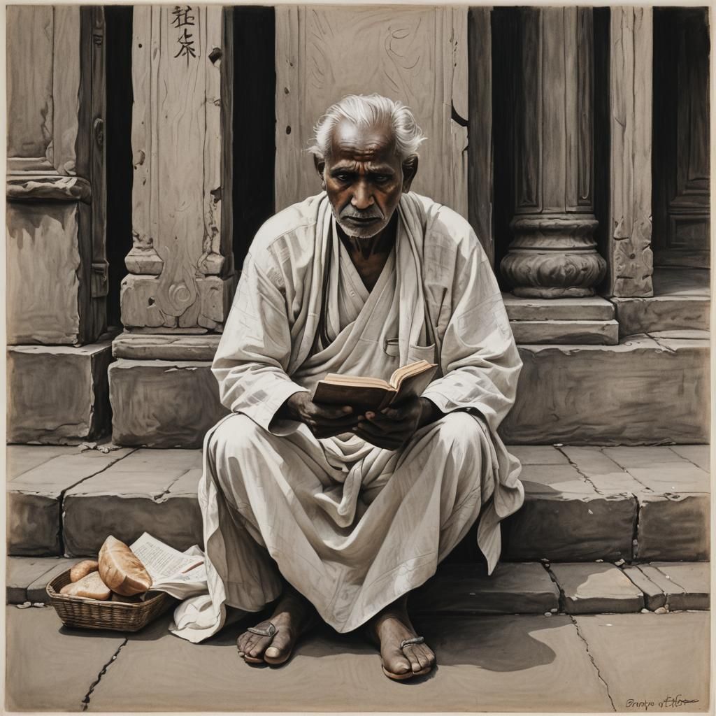 Expressive Charcoal Drawing of Old Indian Man