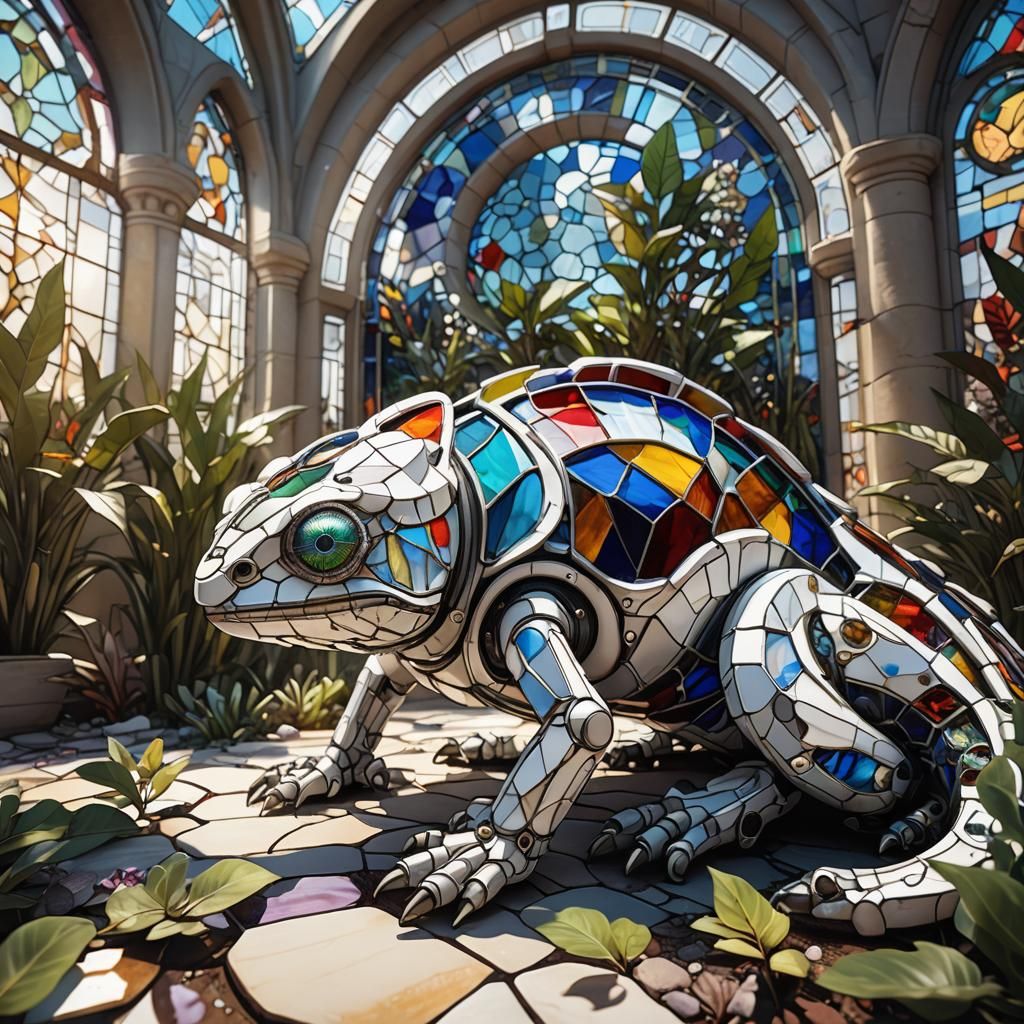 Stained Glass Chameleon in a Sci-Fi Garden