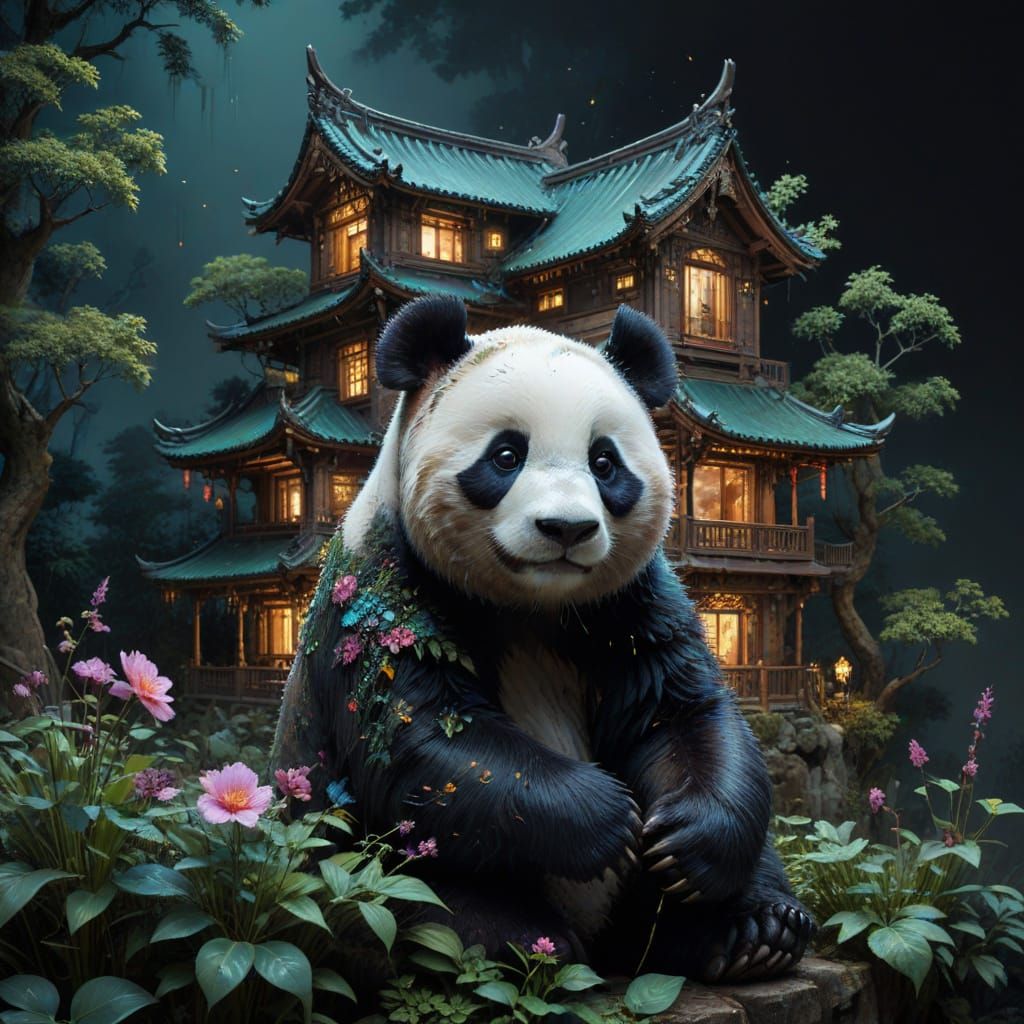 Giant Panda Bear in Japanese Garden at Night