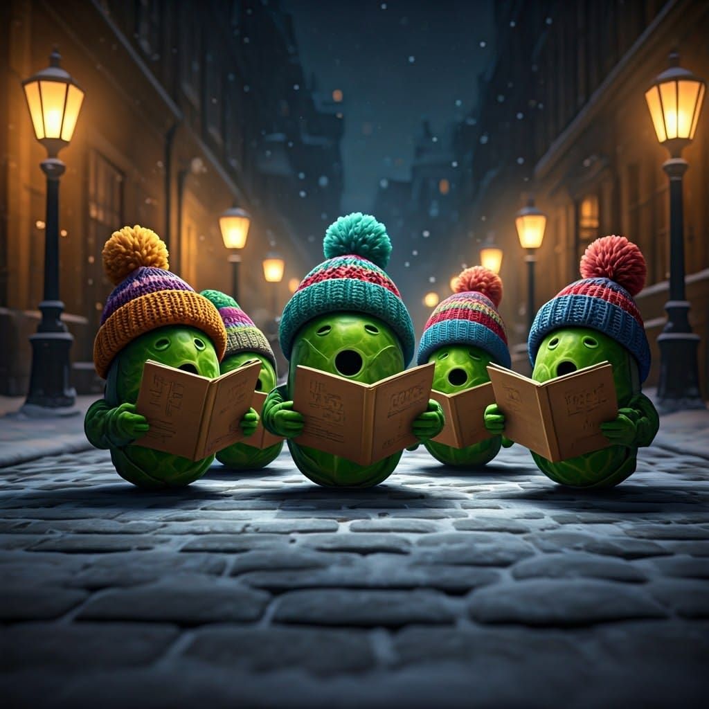 Brussels Sprouts Carolers in Snowy Street Scene