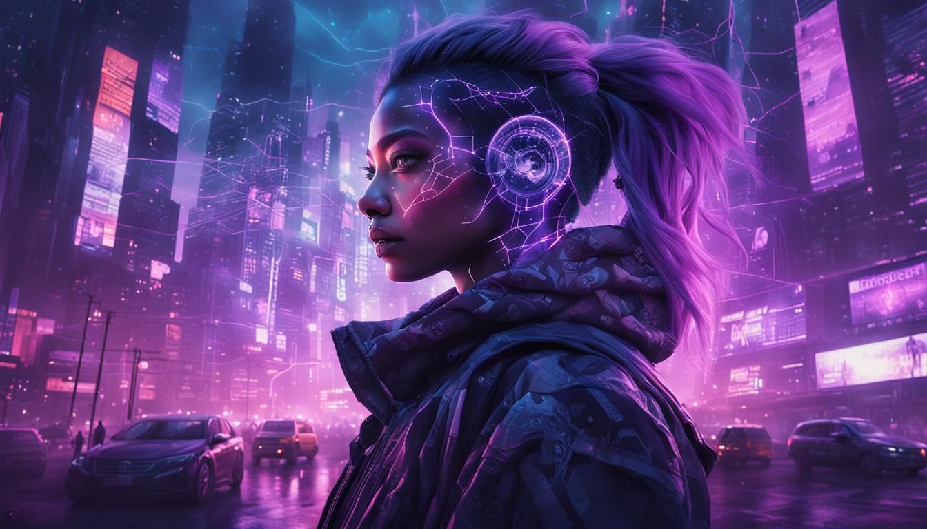 Cyberpunk Girl Double Exposure in Purple Cityscape