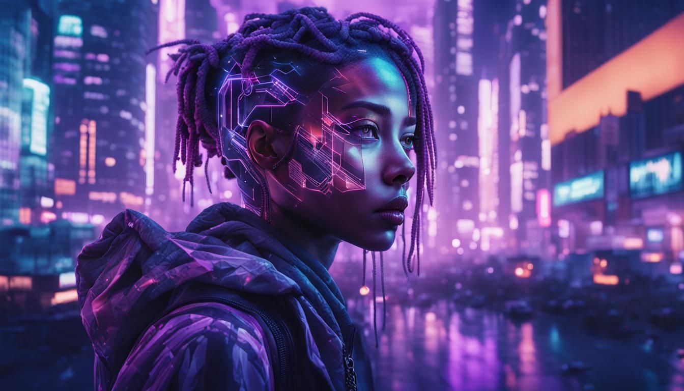 Cyberpunk Girl Double Exposure in Cityscape