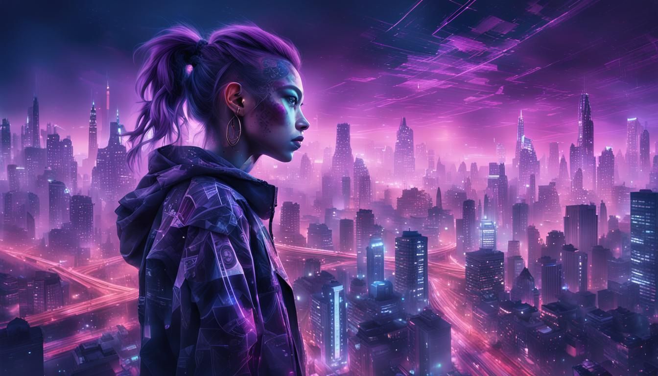 Cyberpunk Girl Double Exposure in Night City