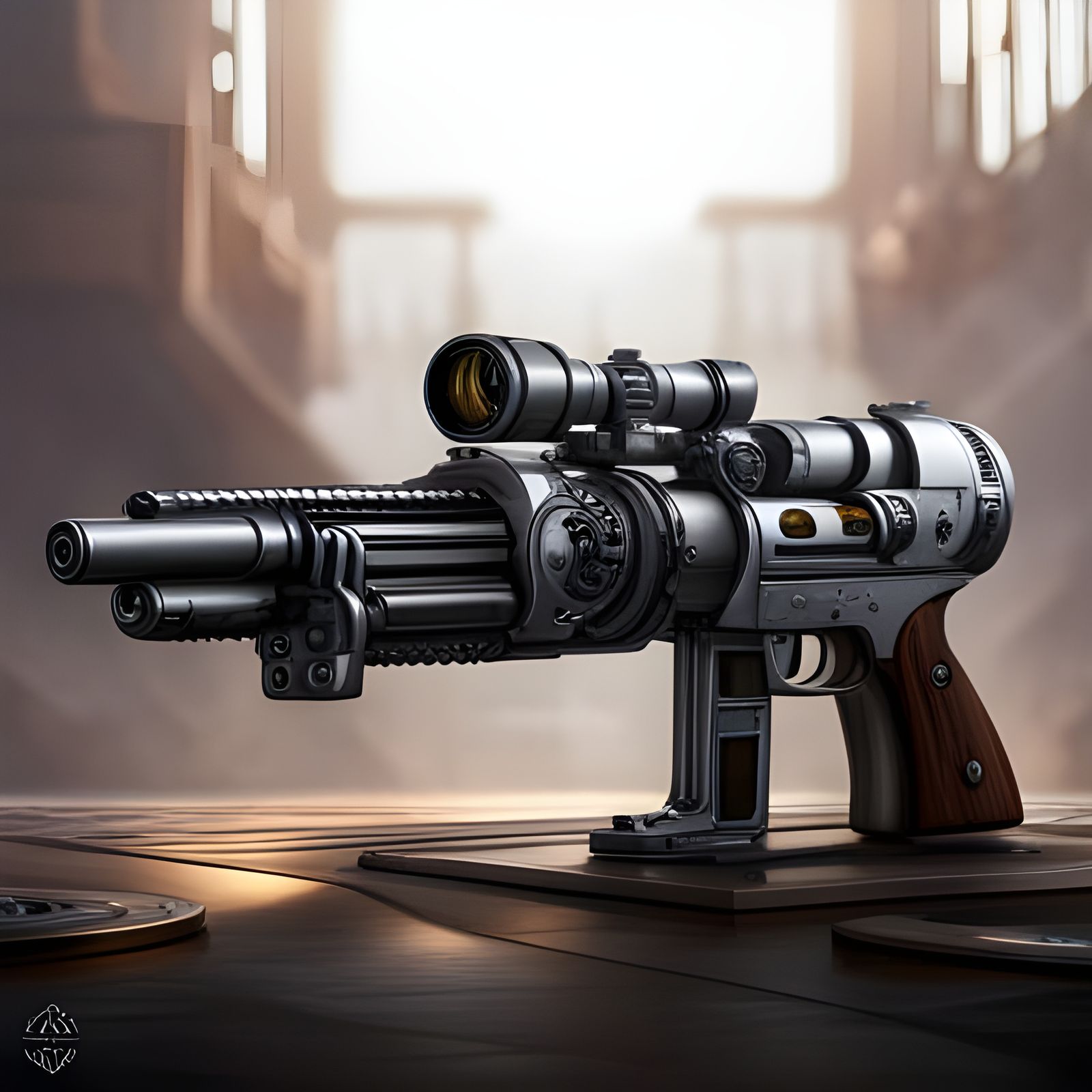 ultra-realistic photorealistic fantasy Sci fi Cursed Vickers-Gun, metallic, in armoury,  evil vibe with mist dark silver...