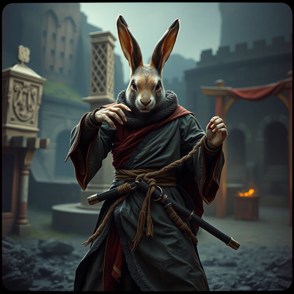 Rabbit Monk in Dark Fantasy Realm: Cinematic Film Still