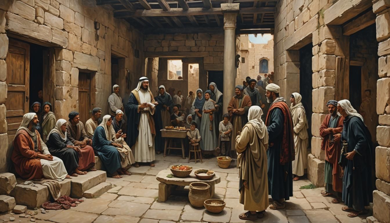 Ancient Palestine Family Church Meeting as Impasto Painting