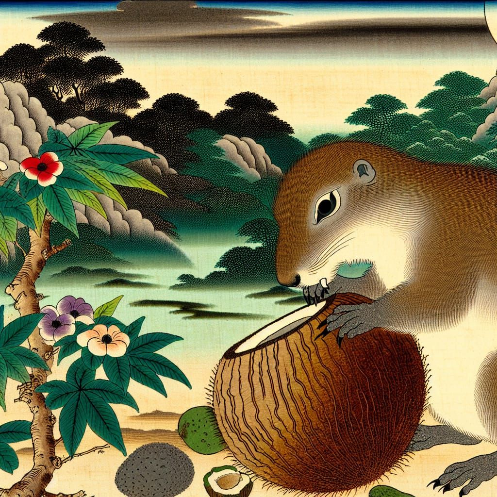 Sorrowful Groundhog Sniffing Coconut in Ukiyo-e Style