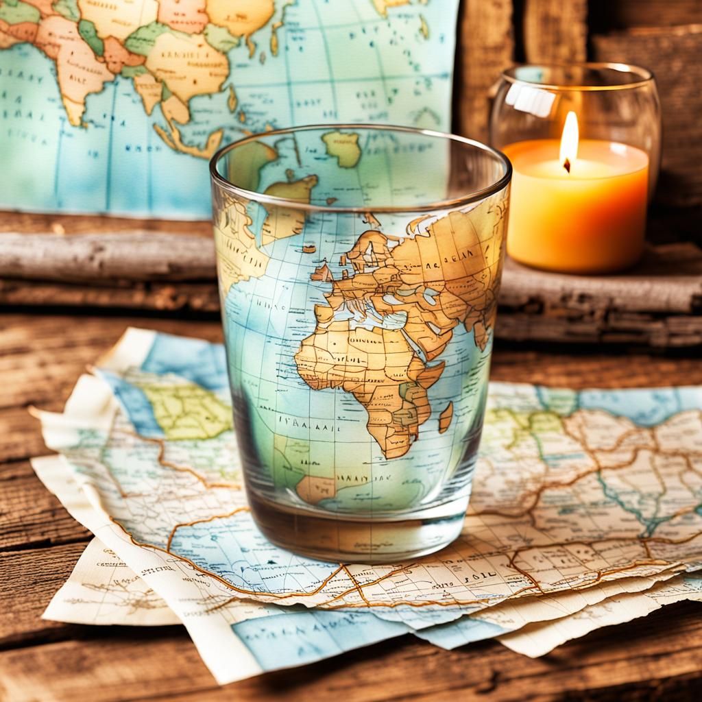 Vintage Map Painted on Glass: Watercolor Illustration