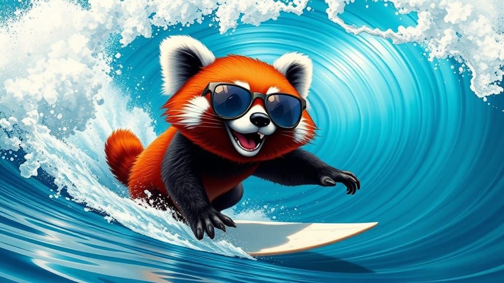 Surfing Red Panda in Hyper-Realistic Cartoon Style