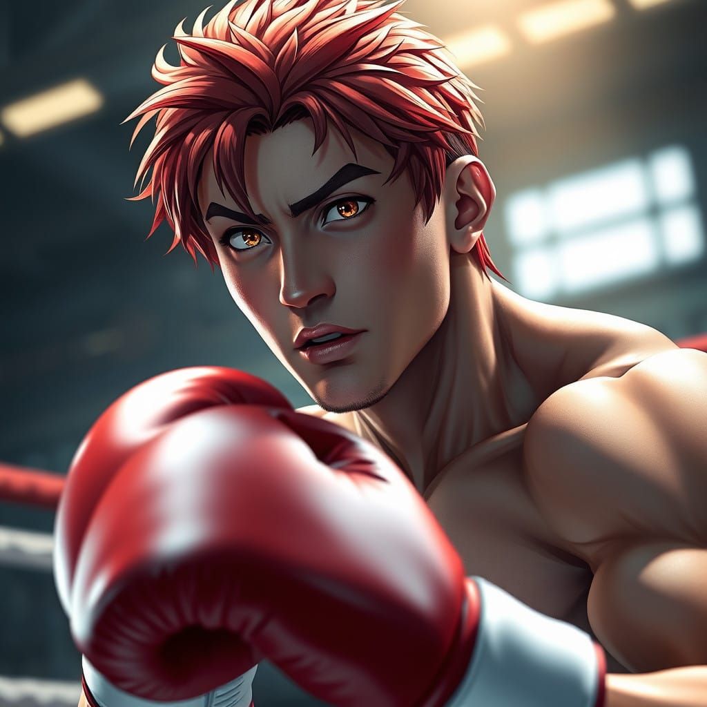 Dazzling Red-Haired Boxer in Intense 8K 3D Anime Style