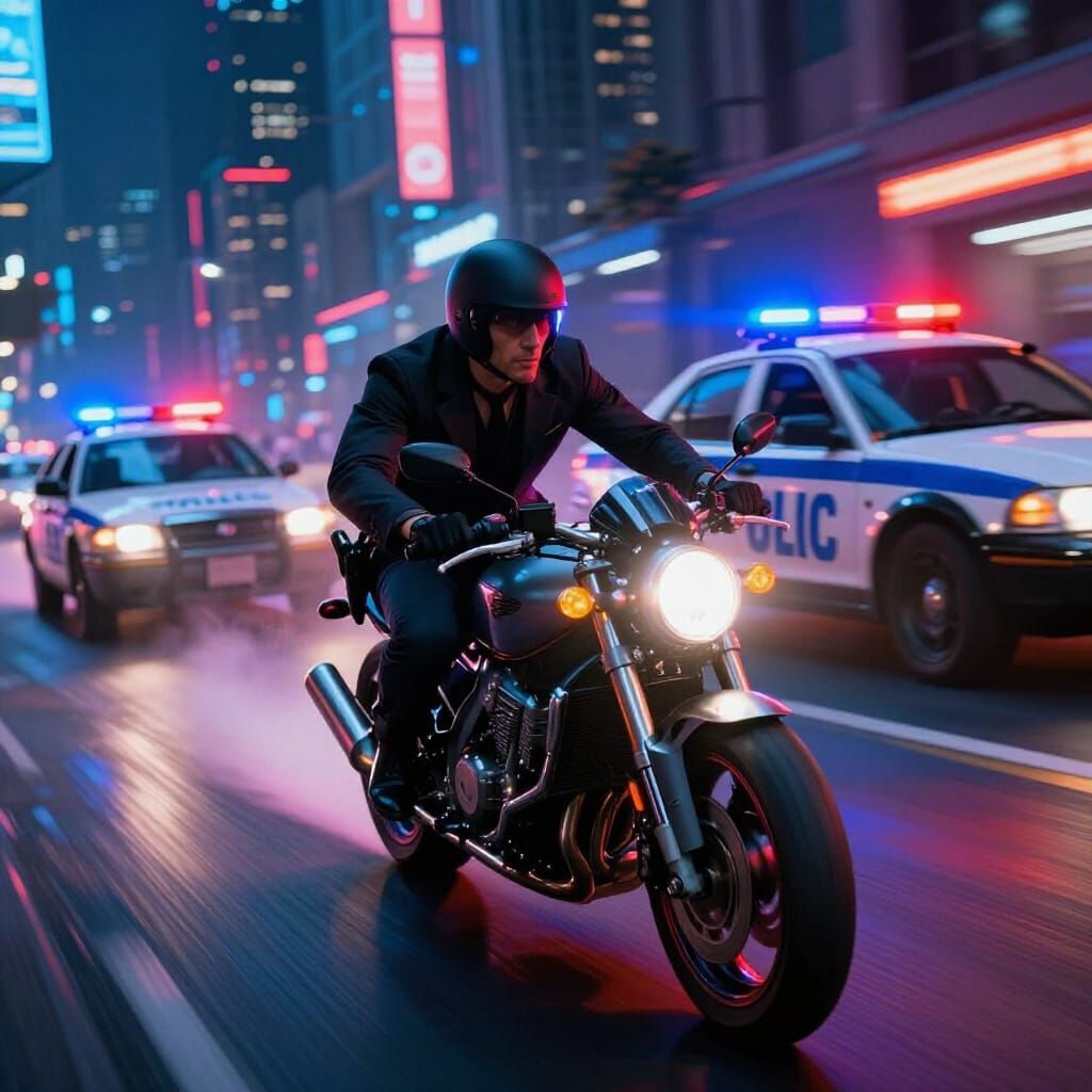 Cyberpunk Fugitive on Motorcycle Evades Police in Neon City