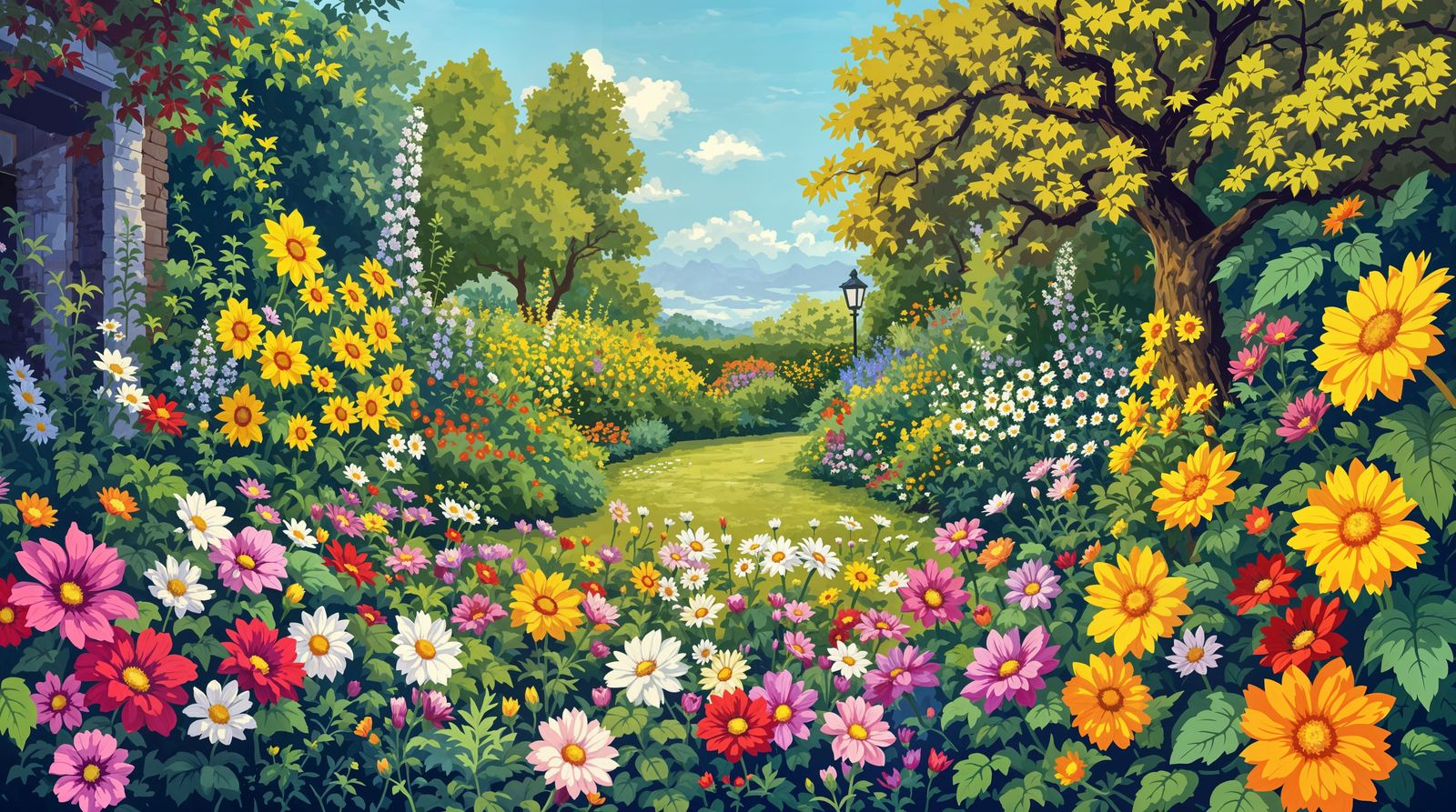 Vibrant Garden Scene in Stylized Pixel-Art
