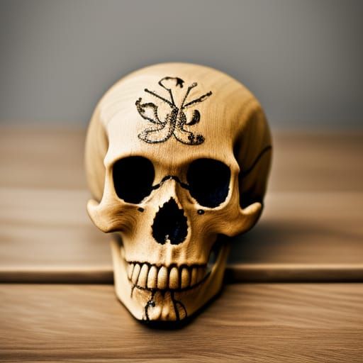 Golden-Eyed Skull on Wooden Table: Sharp Focus