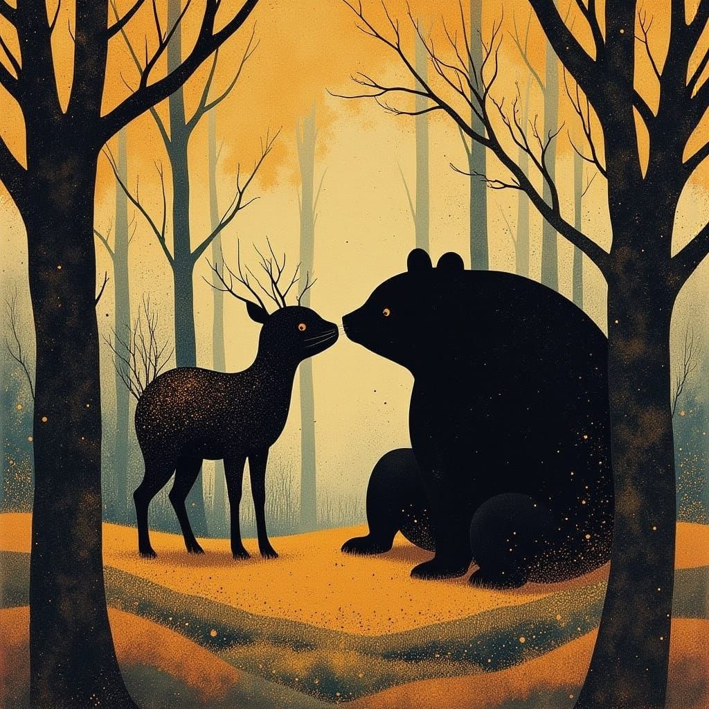 Bear and Fawn in Forest, Ash Thorp & Loish Style
