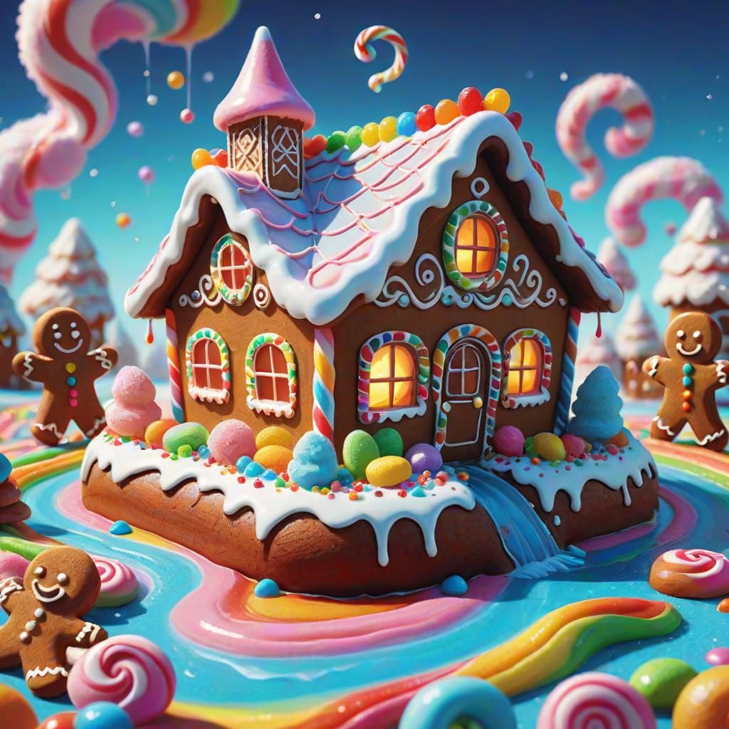 Whimsical Candyland Art with Gingerbread House & Gummy Worms