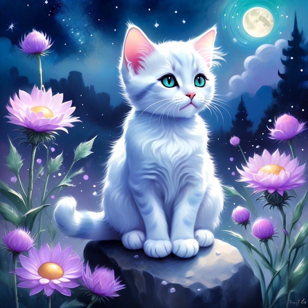 Pastel Cat Portrait with Starry Sky Illustration
