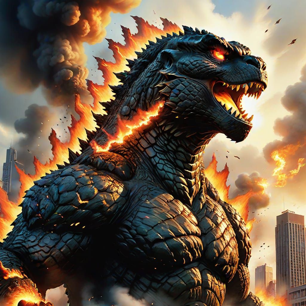 Godzilla's Atomic Fire: Hyper-Realistic Digital Art