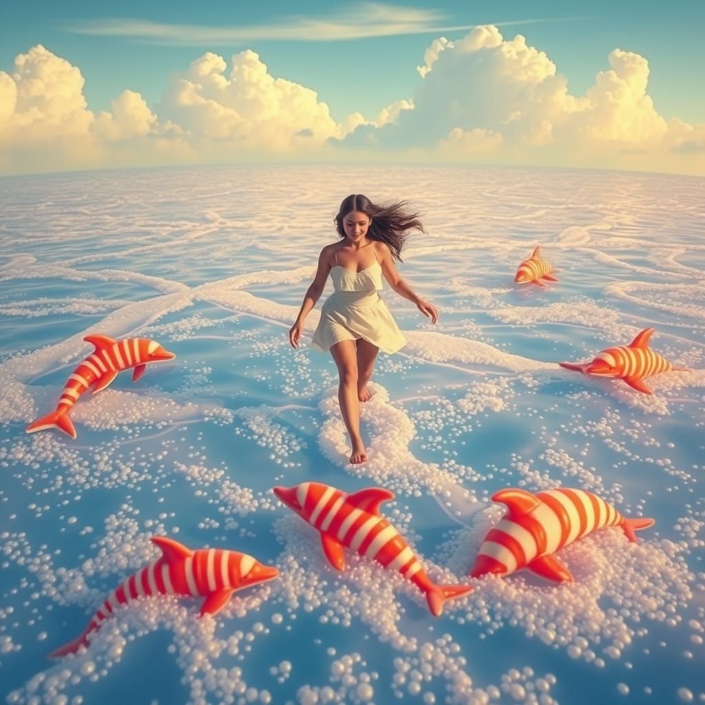 Woman Gliding Over Soda Sea with Candy Dolphins