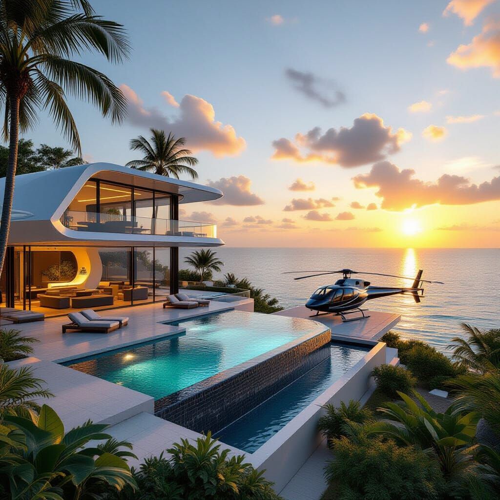 Ultramodern Villa on Island with Yacht and Sunset