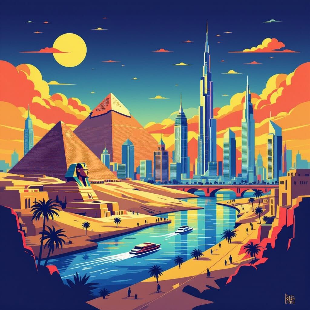 Modern Egyptian Cityscape: Graphic Illustration of Ancient M...
