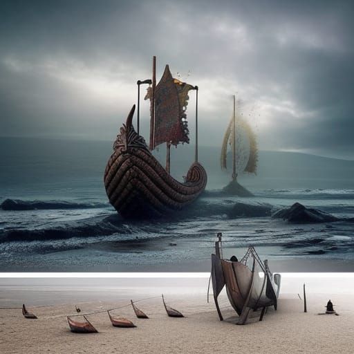 Viking Ship Landing on Misty Beach