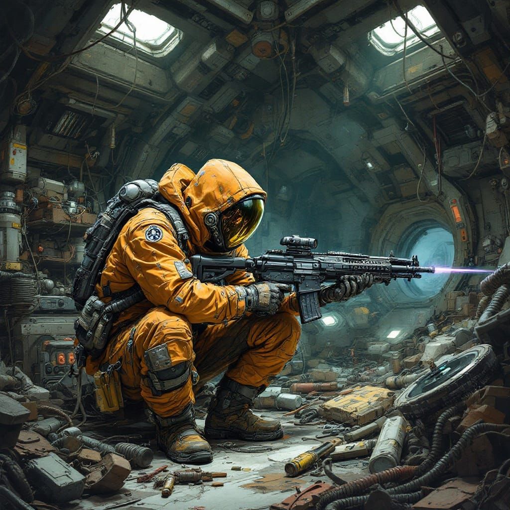 Sci-Fi Engineer Tinkers with Laser Rifle in Space