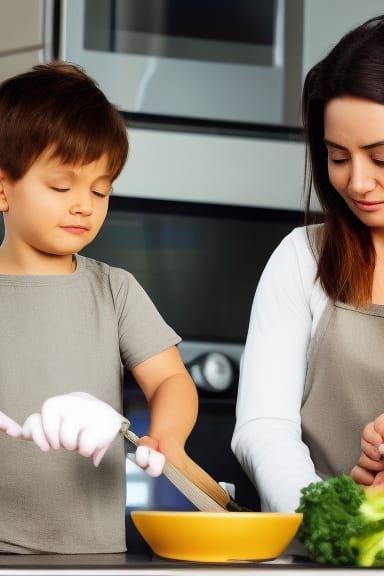 mother and son cooking