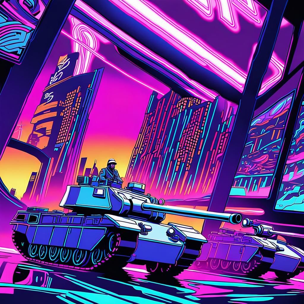 Synthwave Armies Clash in Neon Retro Cityscape