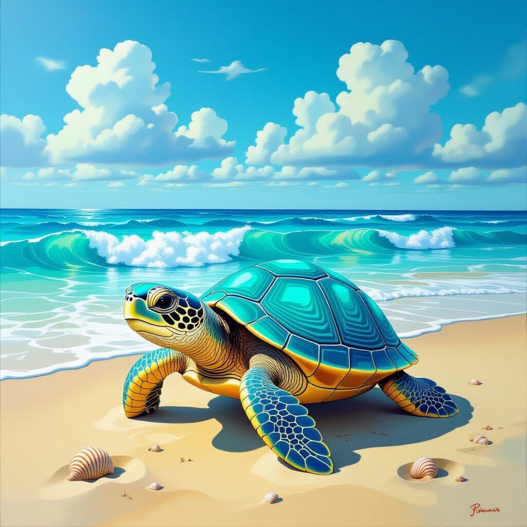 Turquoise Turtle on Sandy Beach, Surreal Beach Scene