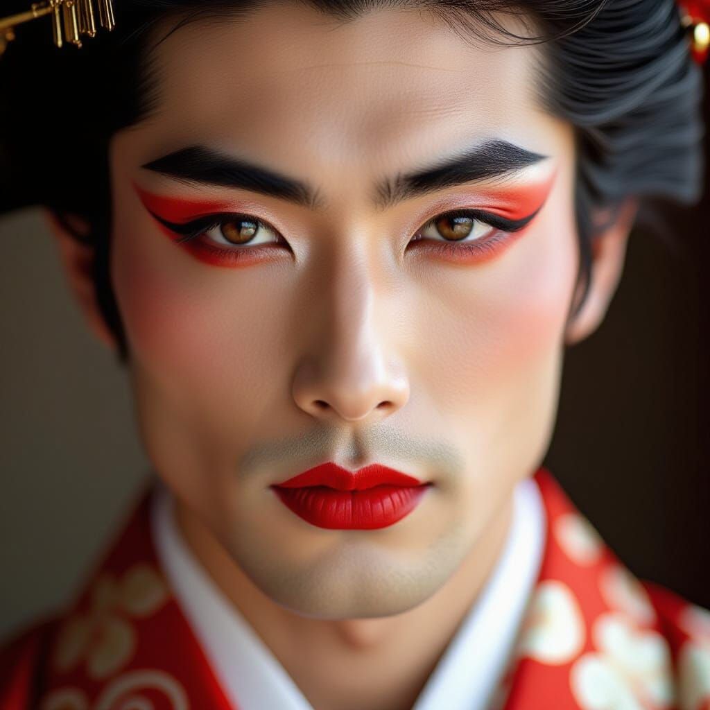 Japanese Man with Red Makeup in Fine Art Photography Style
