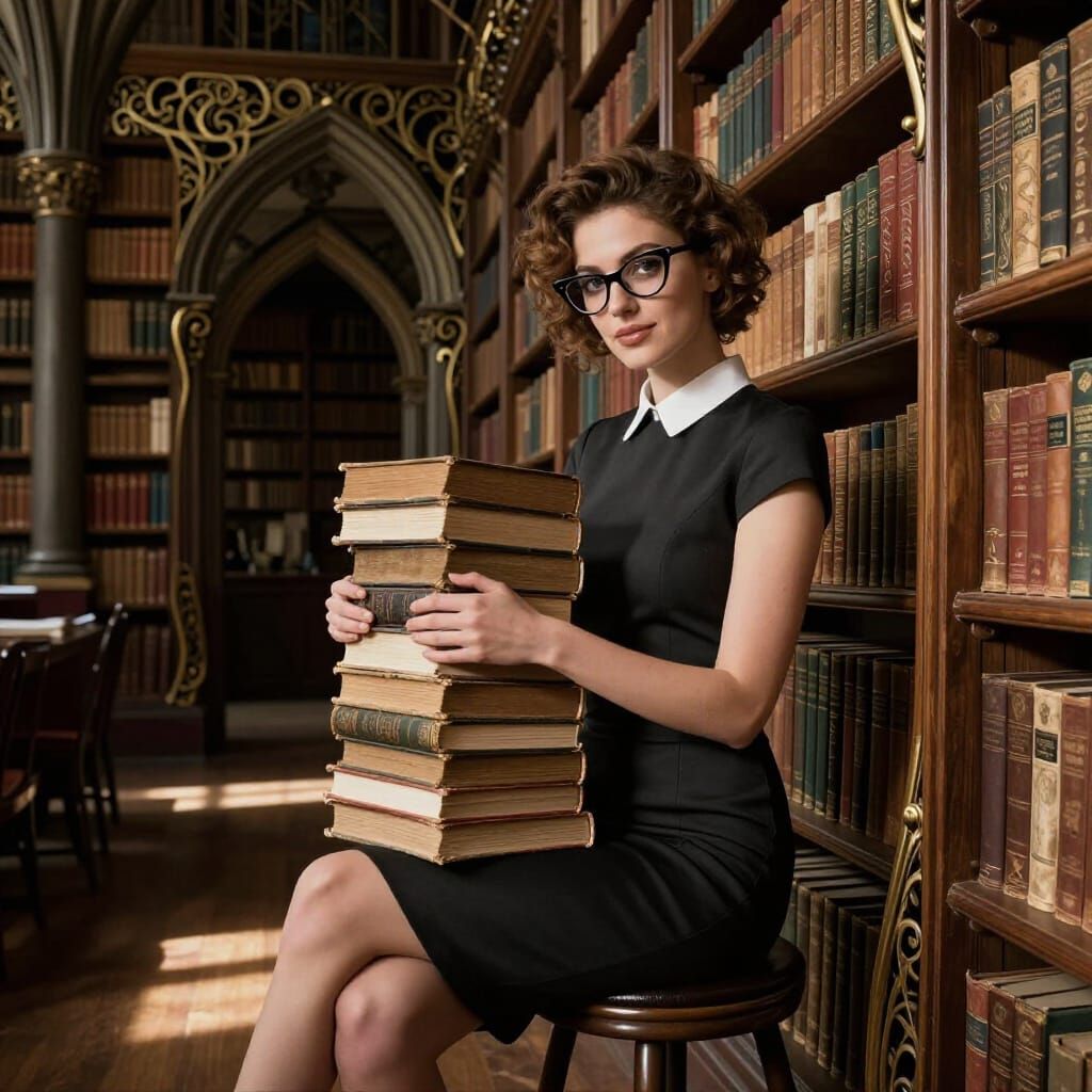 Elegant Librarian in Gothic Library, Art Nouveau Style