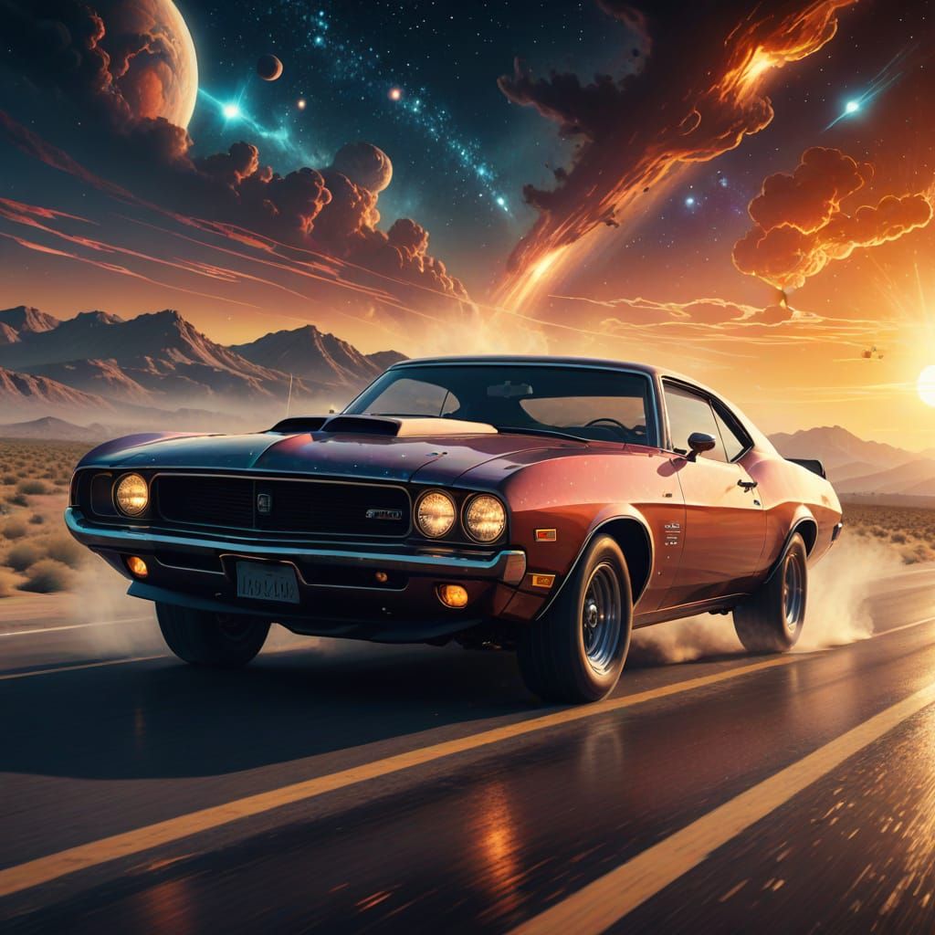 Vintage Muscle Car Cosmic Journey Under Alien Suns