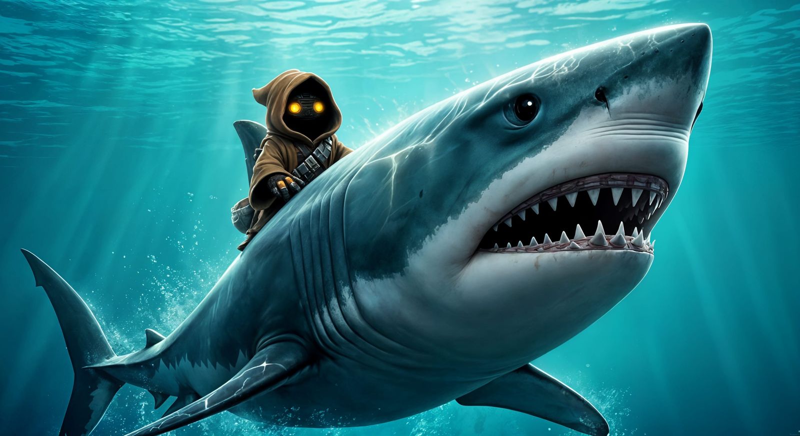 Adorable CGI Jawa Rides a Giant Shark