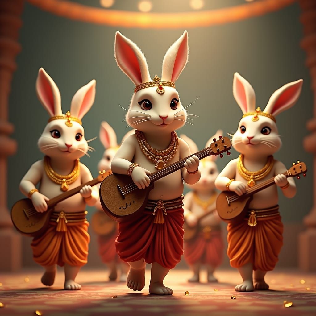 Anthropomorphic Rabbit Musicians in Traditional Indian Attir...