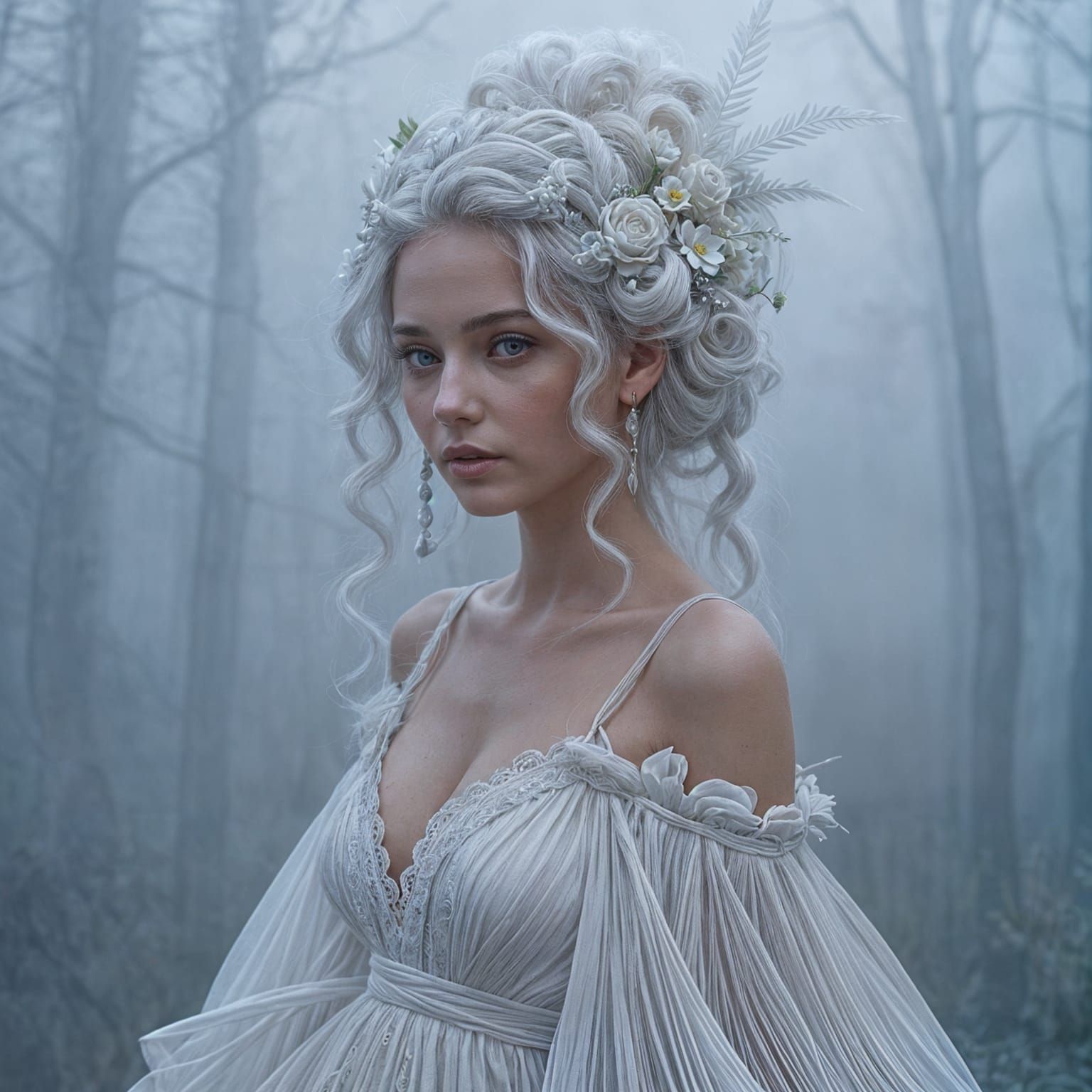 Ethereal Woman in White with Elaborate Hairstyle