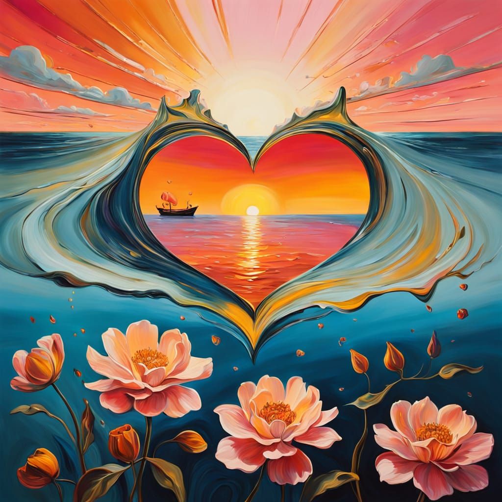 Surreal Sunset Heart in Vibrant Oil Painting Style