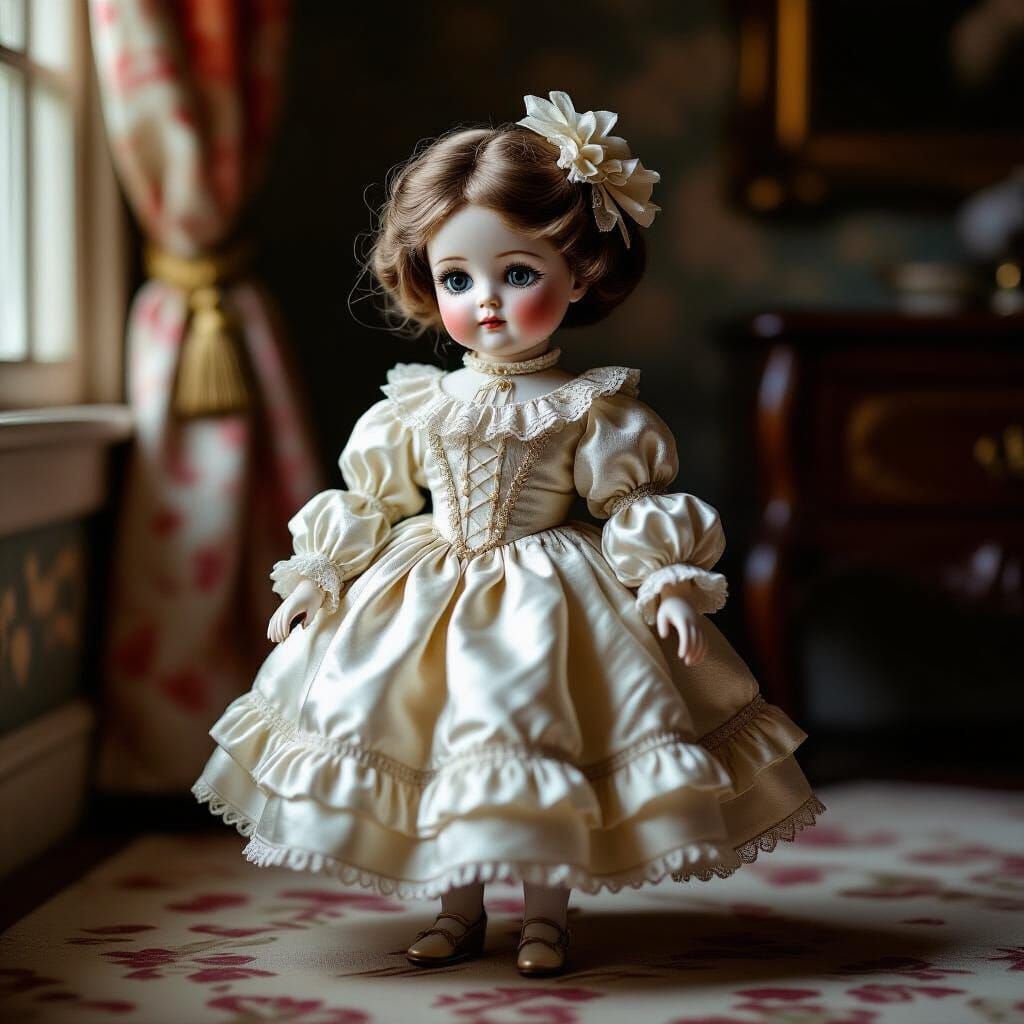 Antique Doll in Silken Pillow Outfit: Photorealistic Portrai...