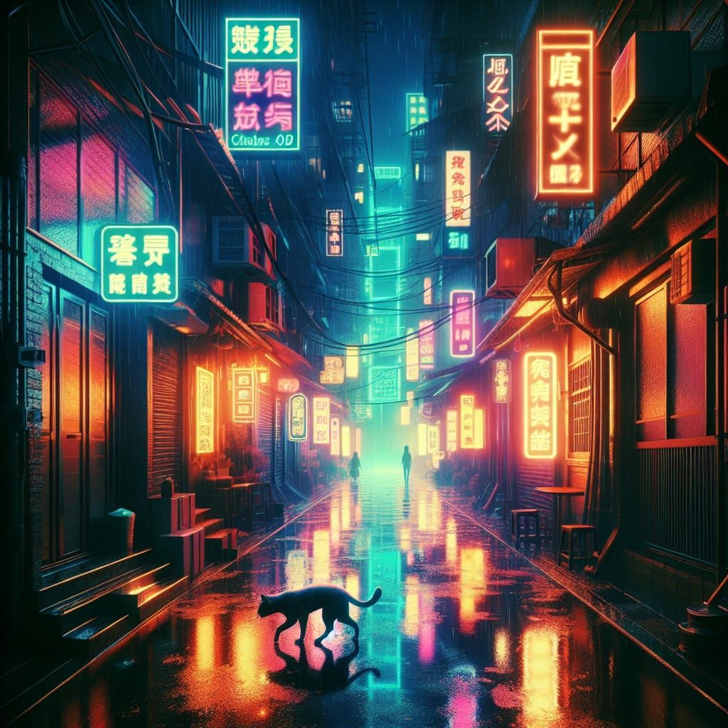 Neon Cityscape: Asian Alley in Synthwave Style