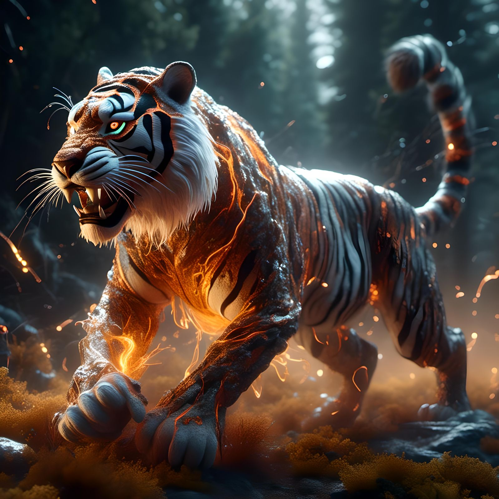 Epic Glowing Tiger Runs Forward in Photorealistic CGI