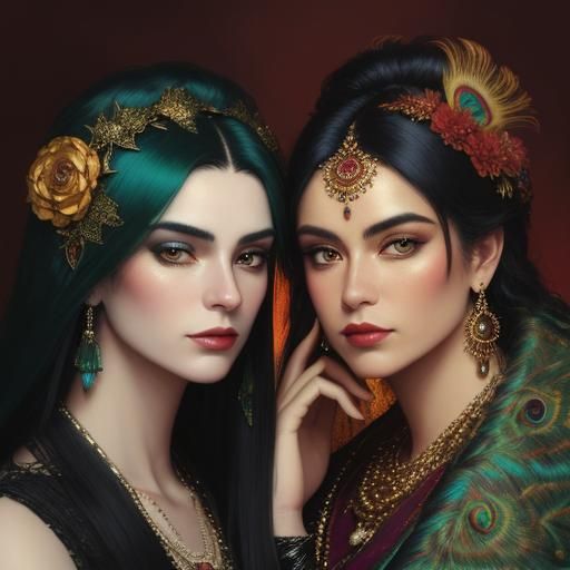 Ornate Fantasy Portrait with Peacock Feathers in Oil Paint S...