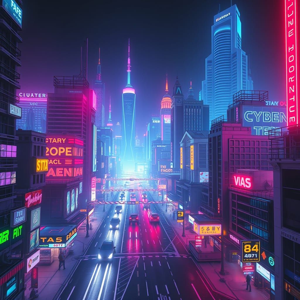 Cyberpunk Cityscape with Holographic Art Projections