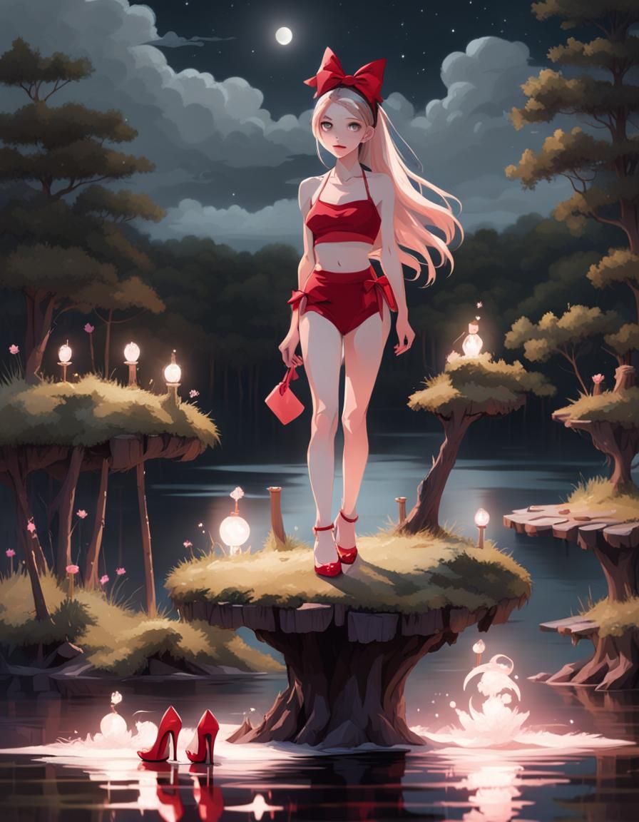 thin skinny witch wearing red high heels and red bikini standing on a small island in a lake at midnight
