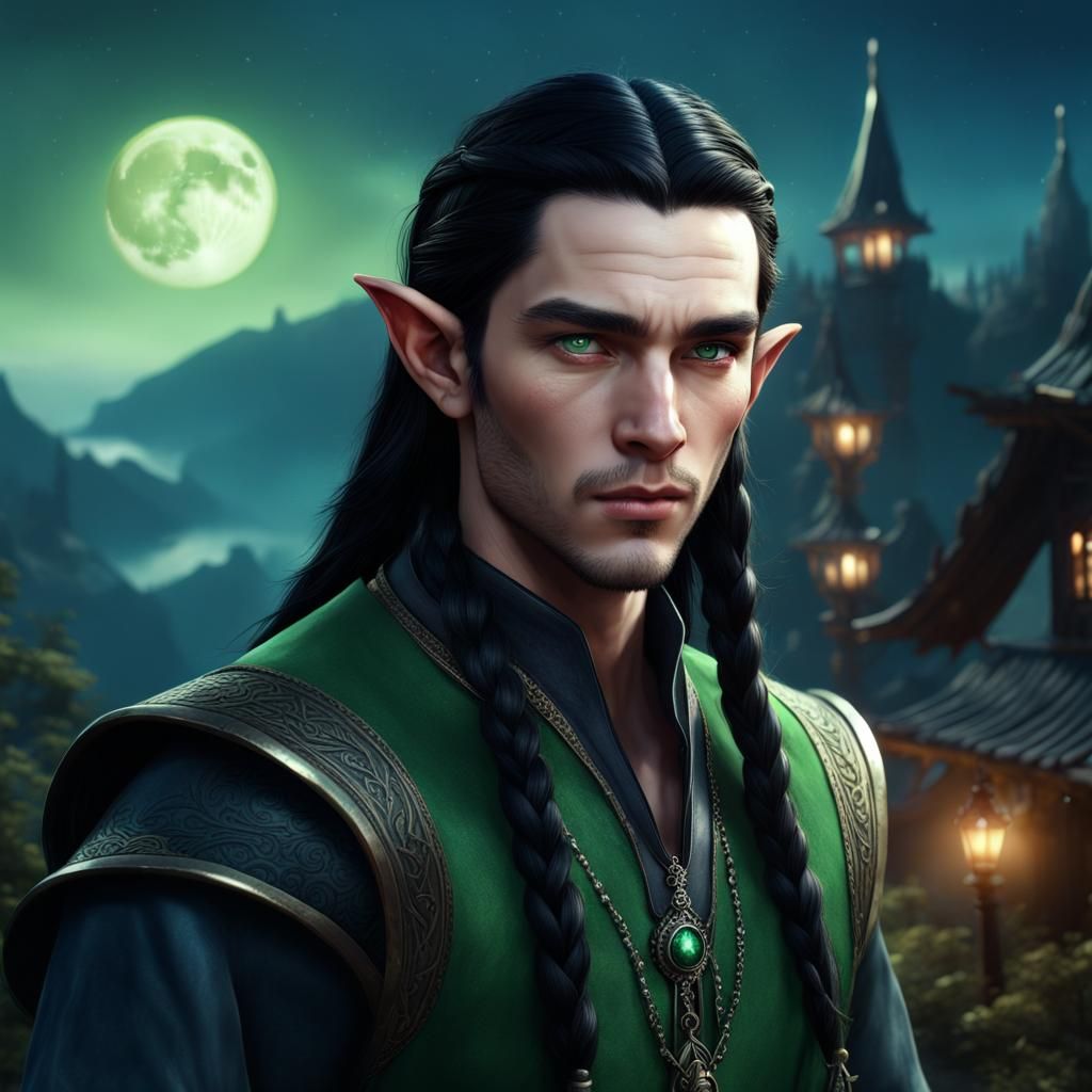 Fantasy Male Elf with Moon Necklace, Digital Art