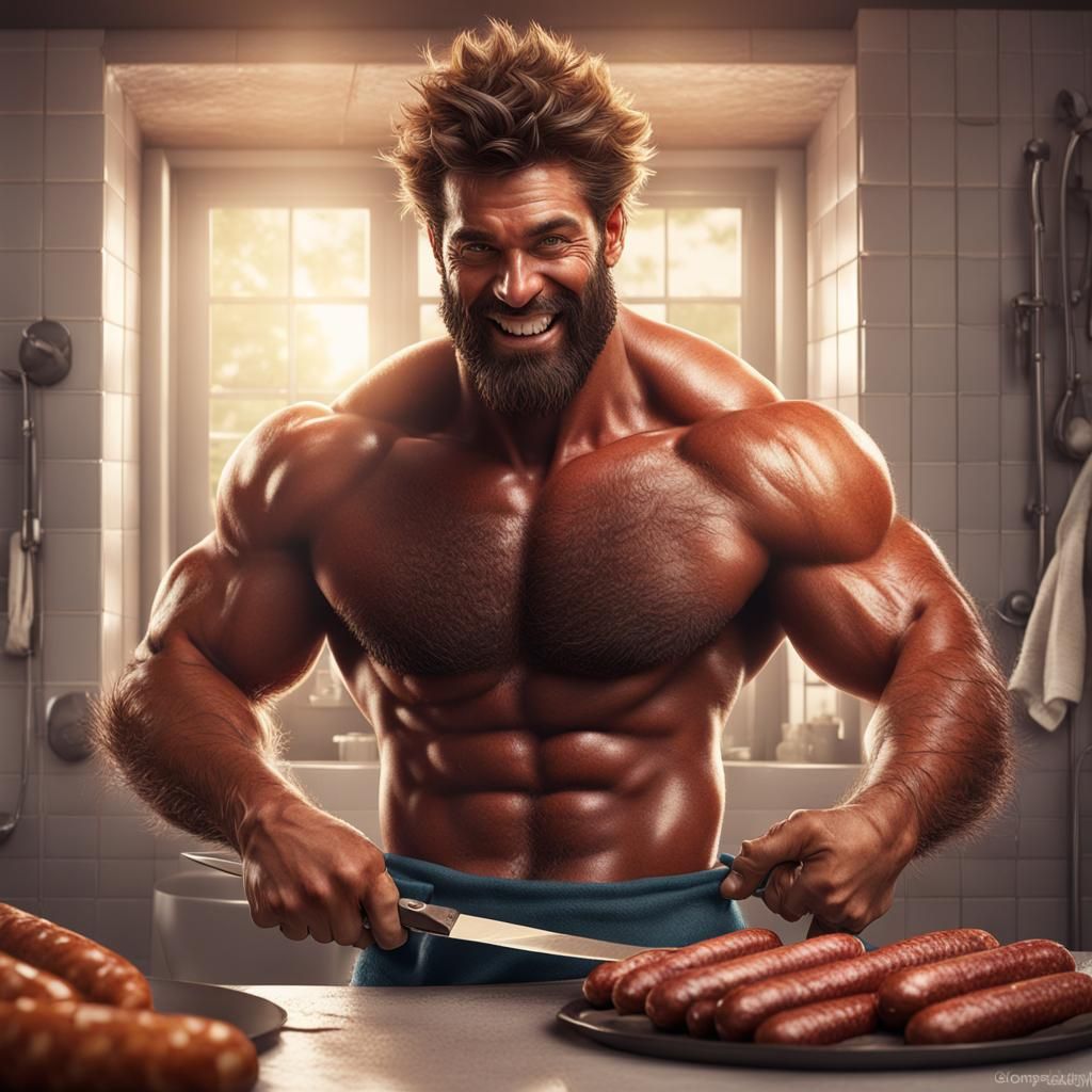Hyperrealistic Muscular Man Cutting Sausages