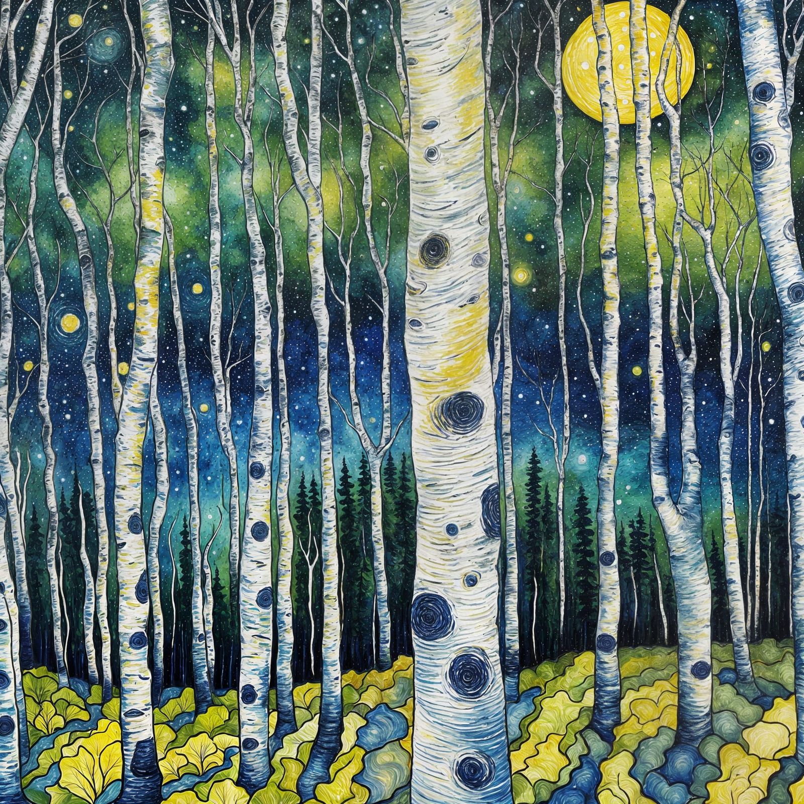 Aspen Forest at Night: Neo-Impressionist Starry Sky